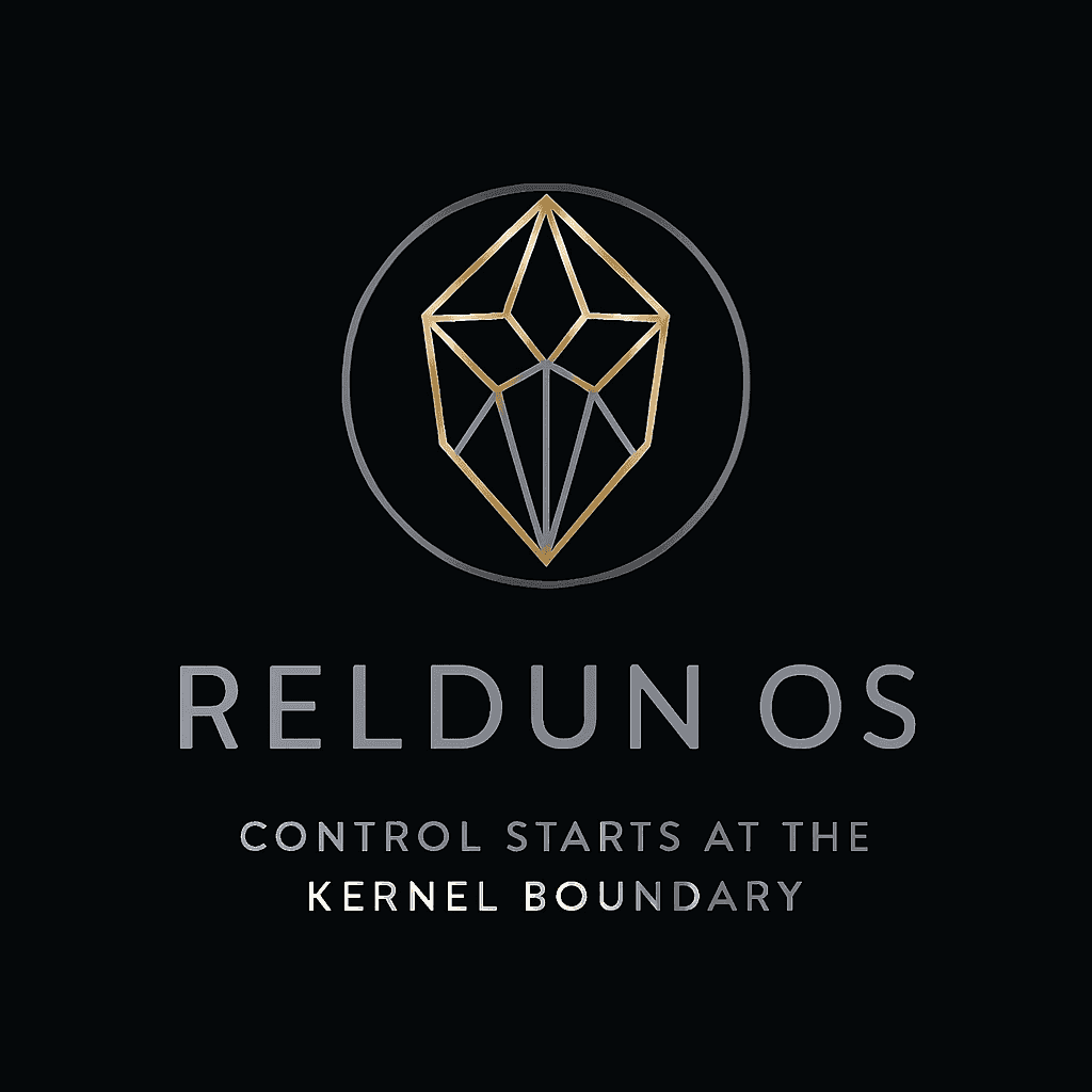 Reldun OS emblem with the words Control Starts at the Kernel Boundary.